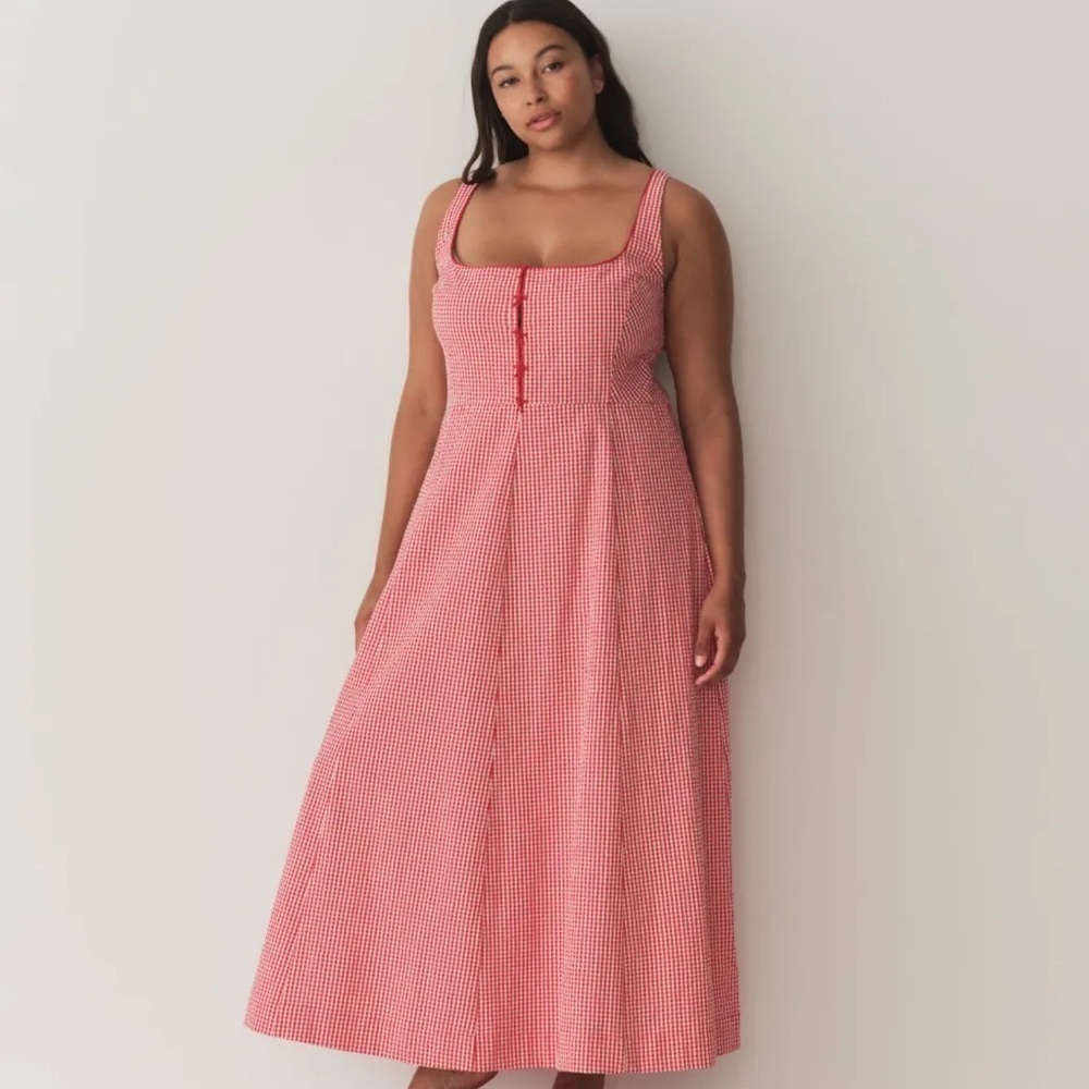 Doen Delaney Cotton Bow A Line Midi Maxi Dress Red Rouje La Maddalena Gingham - Picture 3 of 15